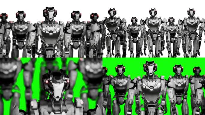 3d渲染行走机器人军队，工业组的半机械人机器在白色和绿色的屏幕工作室背景。循环渲染
