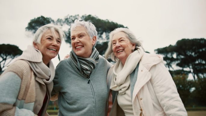 谈笑风生，老朋友们在公园里拥抱在一起，在退休的时候增进感情。爱，微笑和滑稽与一群快乐的老年妇女在花园