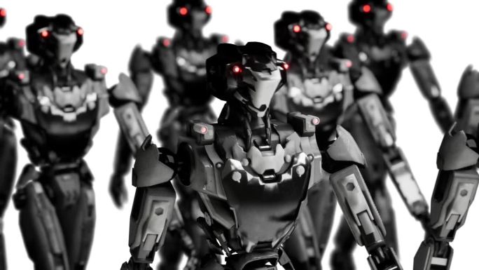 3d渲染行走机器人军队，工业组的半机械人机器在白色和绿色的屏幕工作室背景。