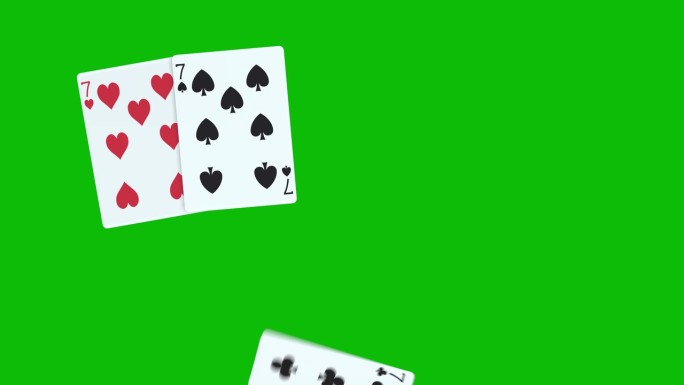 一张扑克手牌由4张一种7张，用绿屏上的3D动画一张一张地扔牌，扑克动画，发牌动画。赢牌组合