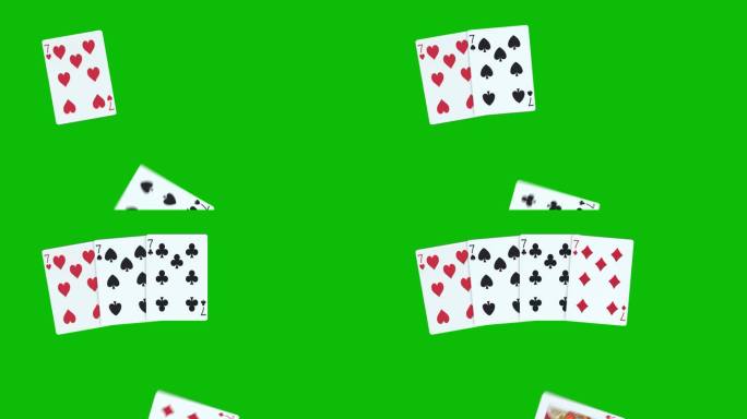 一张扑克手牌由4张一种7张，用绿屏上的3D动画一张一张地扔牌，扑克动画，发牌动画。赢牌组合