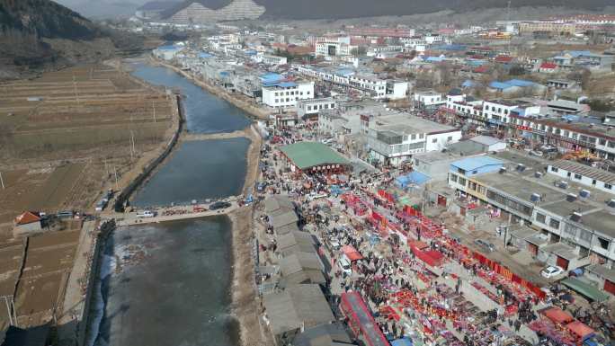 航拍春节大集山东枣庄山亭徐庄大集全景