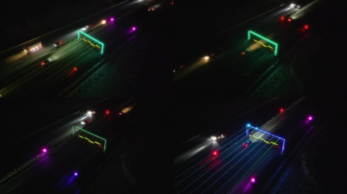 中国山东青岛，夜间高速公路上的病毒激光灯，汽车在彩虹激光束下行驶
