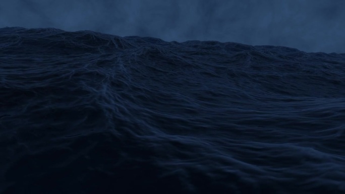汹涌的大海。设计。巨大的海浪与灰色的天空在动画下，一个大的黑色鲨鱼游向不同的方向。高品质4k画面