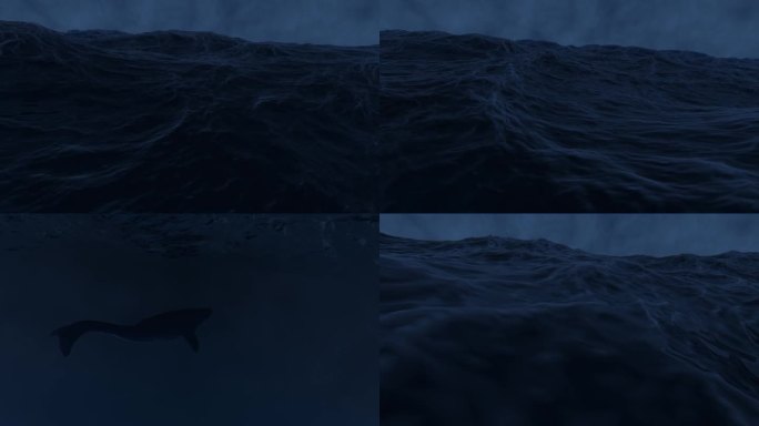 汹涌的大海。设计。巨大的海浪与灰色的天空在动画下，一个大的黑色鲨鱼游向不同的方向。高品质4k画面