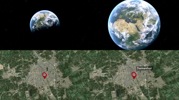 达曼胡尔城市地图从太空缩放到地球，埃及