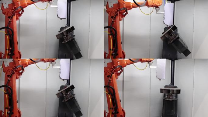 工业机器人自动化手臂做金属焊接。工厂里的机械臂。现代工业技术。无人工厂生产