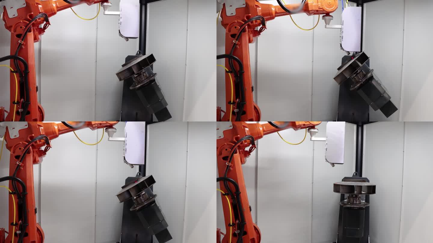 工业机器人自动化手臂做金属焊接。工厂里的机械臂。现代工业技术。无人工厂生产