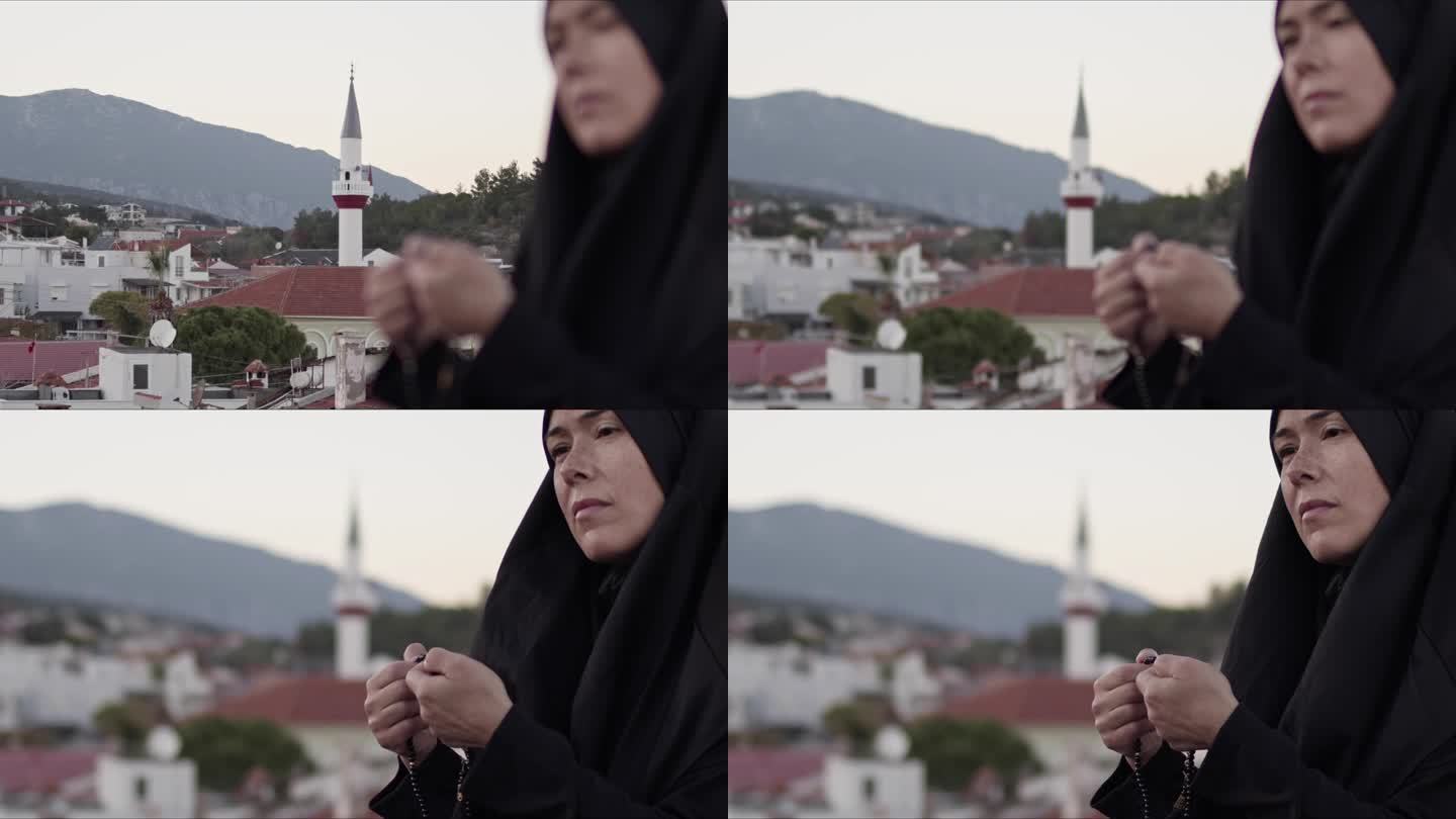穿着黑色祈祷服和清真寺的穆斯林盲人年轻女子