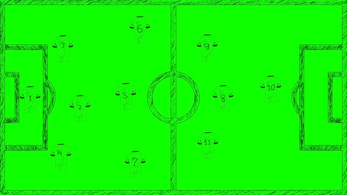动画与足球衫在球场上与黑色铅笔笔画在一个绿色的背景，卡通，艺术。