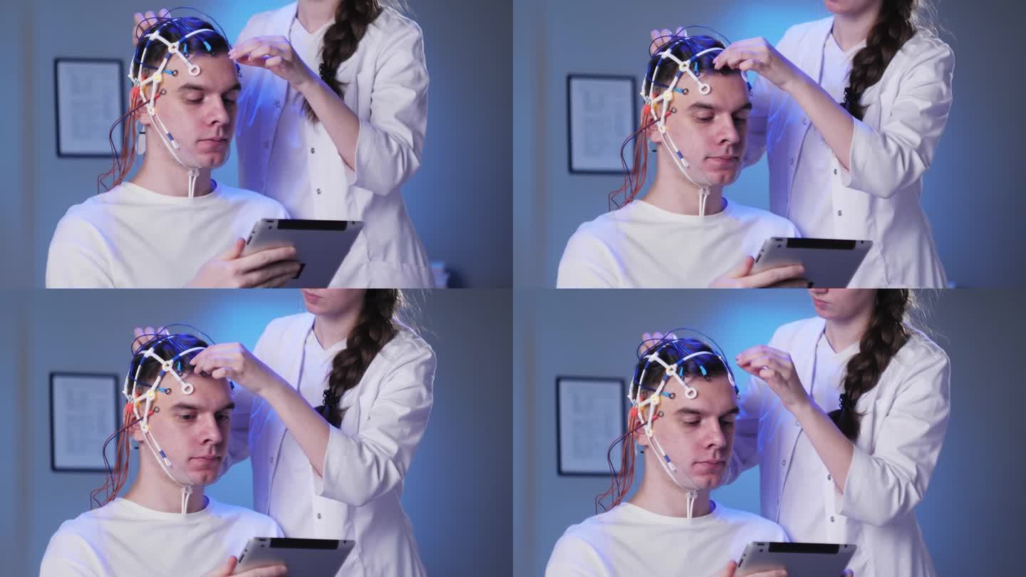 男子戴着脑电图拓形仪检查大脑，医生正在制作头皮活动电图。脑电图耳机对大脑工作的研究。