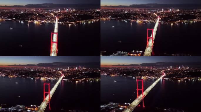 空中的博斯普鲁斯海峡黄昏宁静:7月15日烈士大桥和伊斯坦布尔欧洲一侧黄昏的交通，#TemmuzŞeh