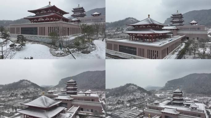 航拍襄阳博物馆新馆冬天雪景城市建筑风光