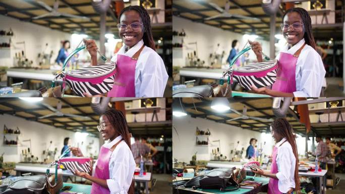 年轻的黑人女裁缝展示她制作的现代皮包