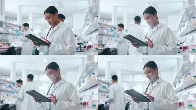 科学，平板电脑和女性在实验室与研究，在线数据和药物研究。女科学家，从事生物技术的医学、保健和化学工作