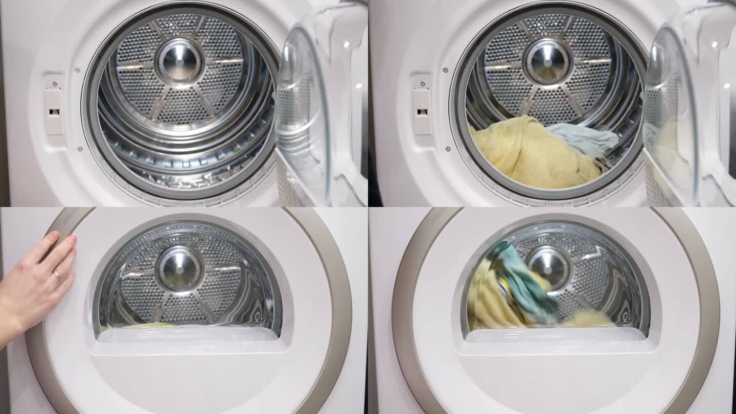一个家庭主妇把衣服装进烘干机，打开烘干机，然后离开，关上灯。东西在鼓里旋转。家务在家里洗衣。特写镜头
