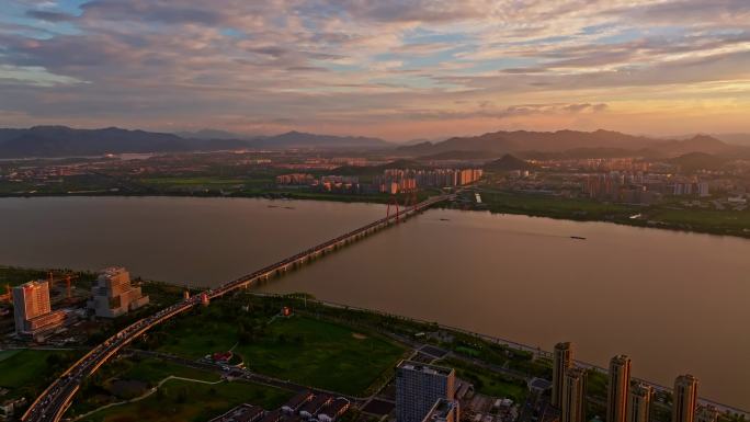 杭州之江大桥日落航拍4k
