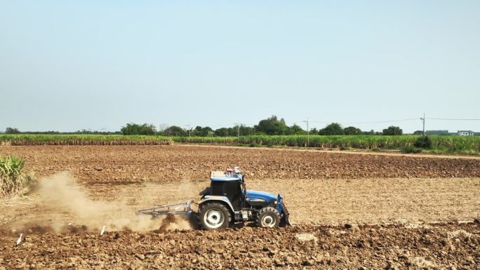 农业机械从大片田地里收割庄稼