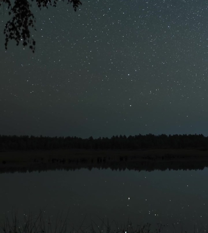 星星在湖面上的夜空中移动