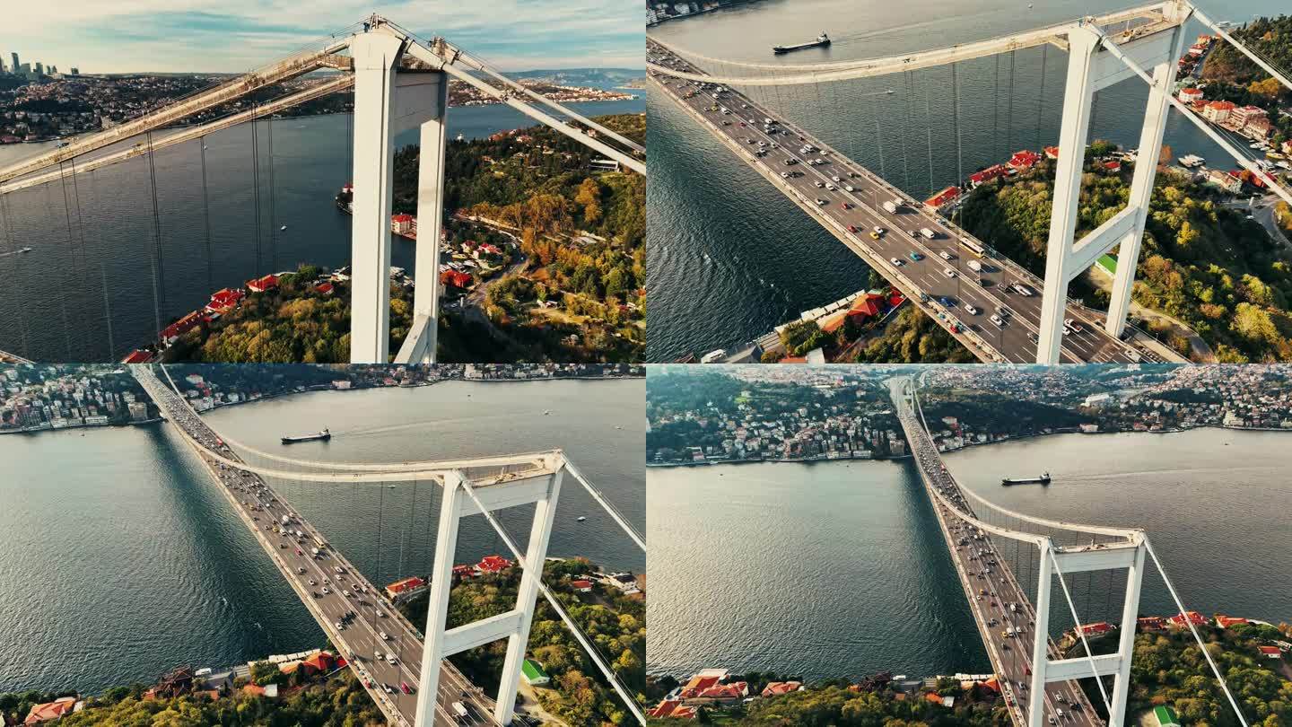 第二博斯普鲁斯大桥上的空中交通:以金融区为背景，拥抱标志性的法提赫苏丹穆罕默德大桥，# istanb