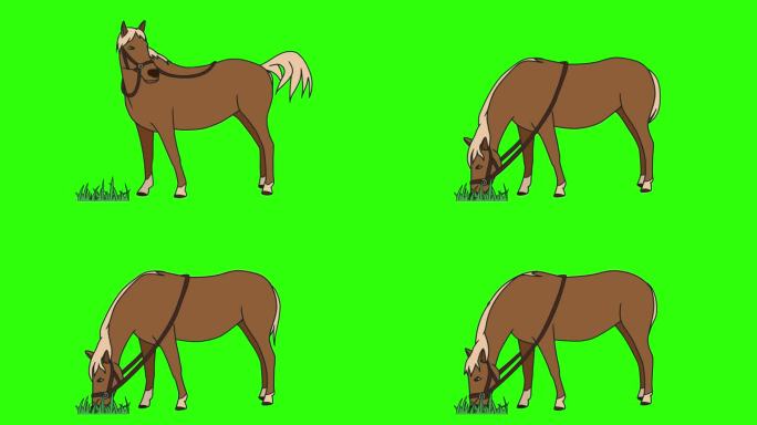 卡通棕马在草地上吃草。