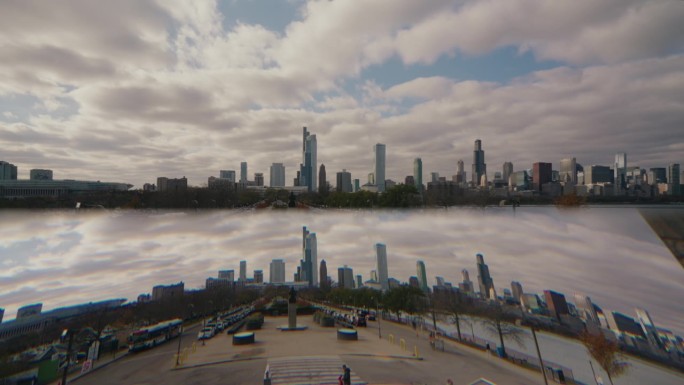 从密歇根湖到芝加哥市中心。从阿德勒天文馆观看。未来城市万花筒抽象背景。通过窗口的构图