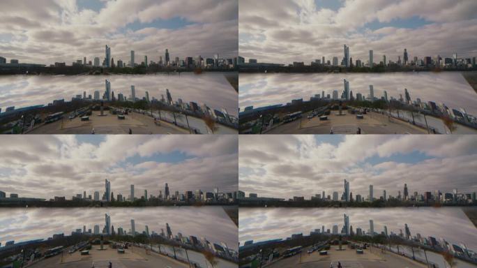 从密歇根湖到芝加哥市中心。从阿德勒天文馆观看。未来城市万花筒抽象背景。通过窗口的构图