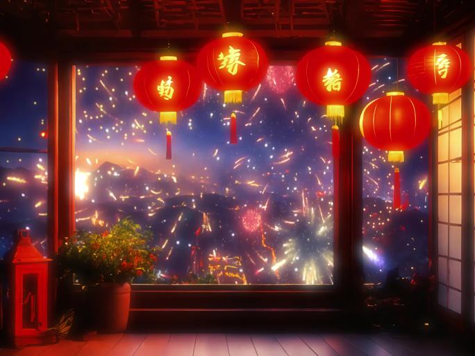 家窗外烟花 放烟花 新年春节灯笼喜庆夜景