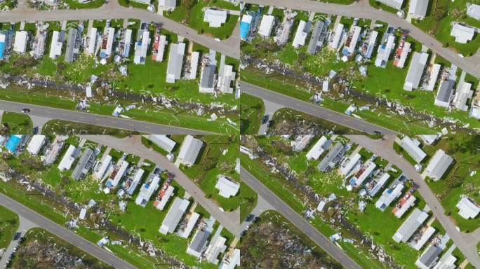 飓风“伊恩”袭击佛罗里达居民区后，活动房屋遭到严重破坏。自然灾害的后果