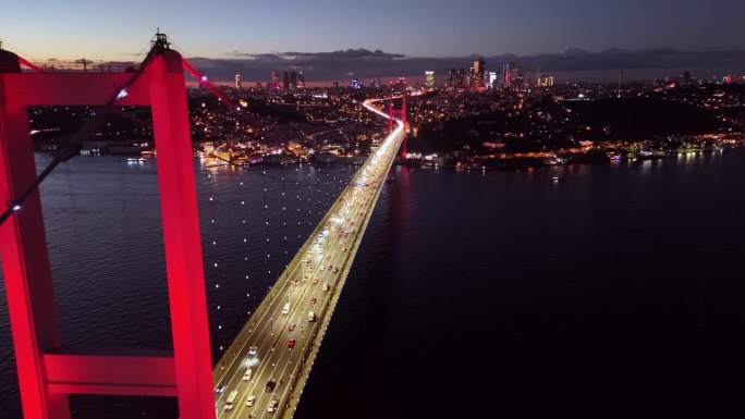 空中的博斯普鲁斯海峡黄昏宁静:空中的奥德赛7月15日烈士桥和伊斯坦布尔欧洲一侧的黄昏，#Temmuz