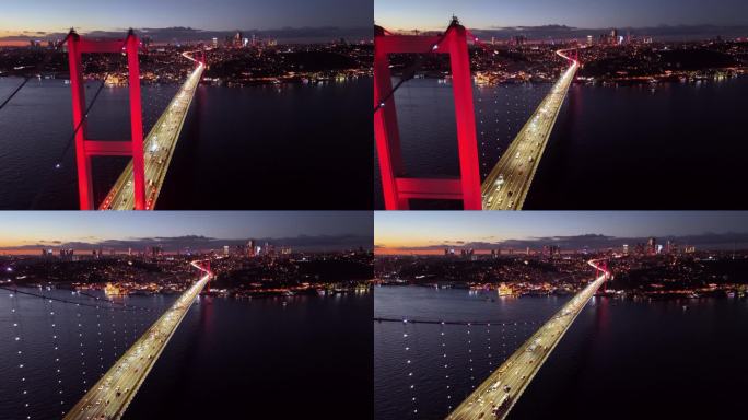 空中的博斯普鲁斯海峡黄昏宁静:空中的奥德赛7月15日烈士桥和伊斯坦布尔欧洲一侧的黄昏，#Temmuz