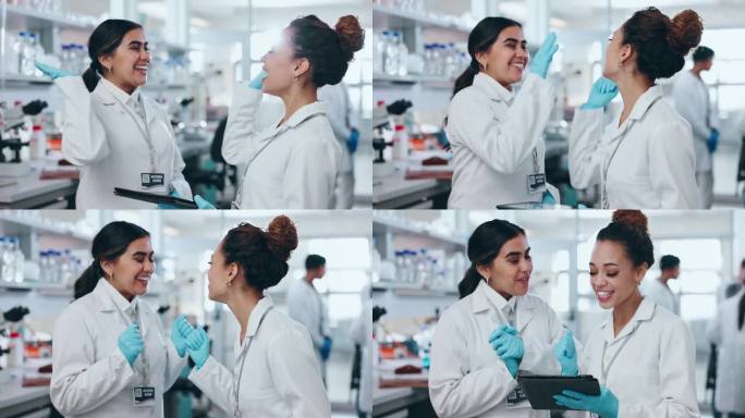 科学，击掌和女性在实验室的动机，医疗保健和制药研究。在线数据，成功与科学家团队合作进行临床研究分析与