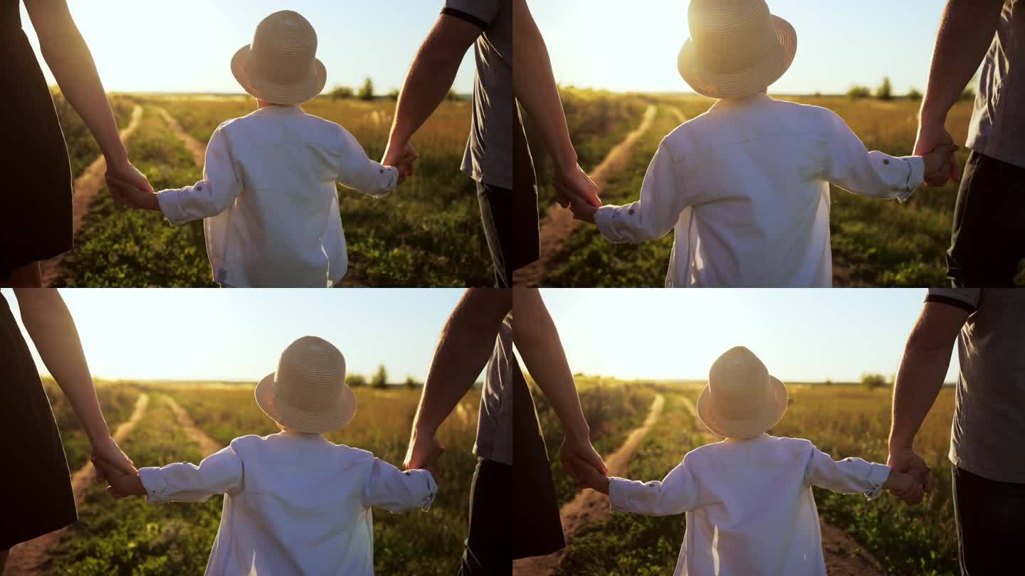 孩子在夏天的田野里走在父母之间，伸出手和家人牵着手。争吵后的团队精神和关系中的和解。心理学手势肢体语