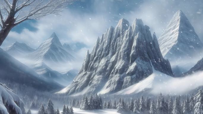 4K卡通动画动漫雪山飘雪下雪冬季冬天背景