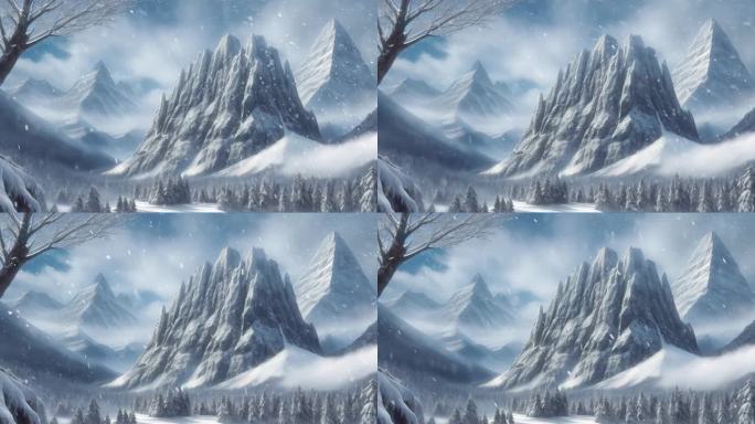 4K卡通动画动漫雪山飘雪下雪冬季冬天背景