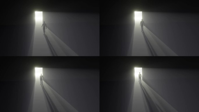 一个人穿过一扇门，走进雾蒙蒙的光线里