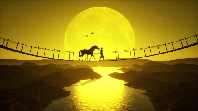 中国文化古装月色吊桥马匹