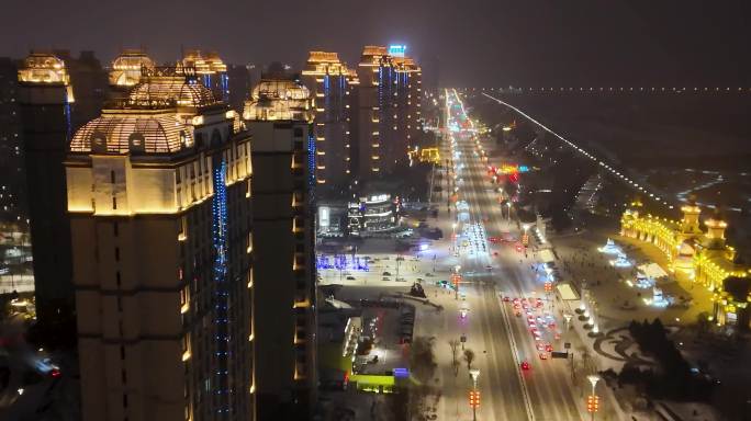 4K航拍哈尔滨城市街道夜景风光