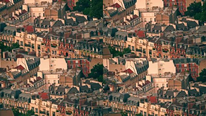 从法国巴黎的住宅建筑和经典屋顶俯瞰