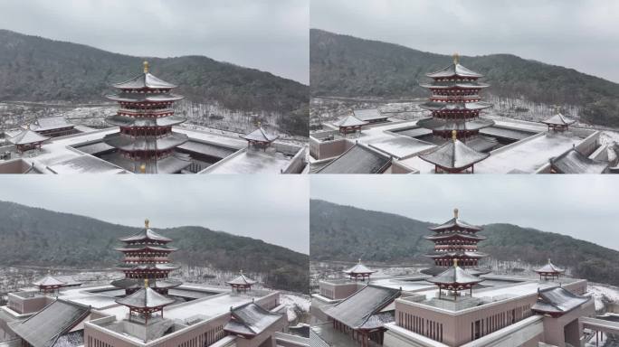 航拍襄阳博物馆新馆冬天雪景城市建筑风光