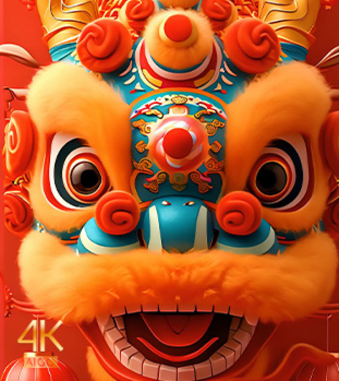 竖版手机国潮卡通龙与可爱狮子 过年舞狮子