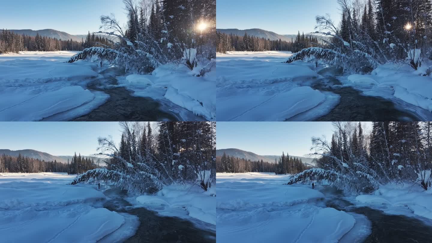 阿勒泰禾木冬季冰雪河流瀑布航拍风景