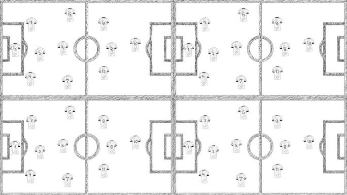 动画与足球衫在球场上与黑色铅笔笔画在一个白色的背景，卡通，艺术。