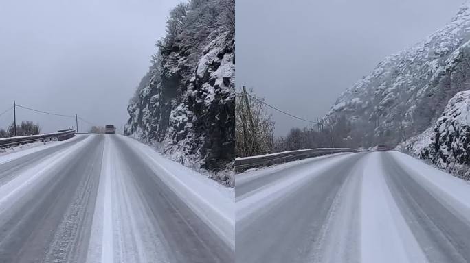 冬天积雪覆盖的公路，挪威的路