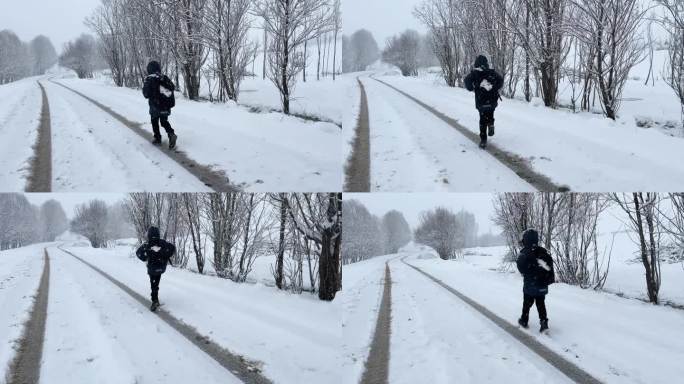 快乐的小男孩在上学的路上玩雪