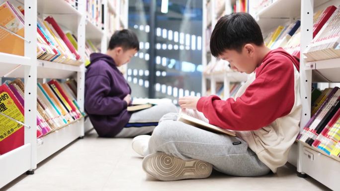 两个男孩在图书馆读书