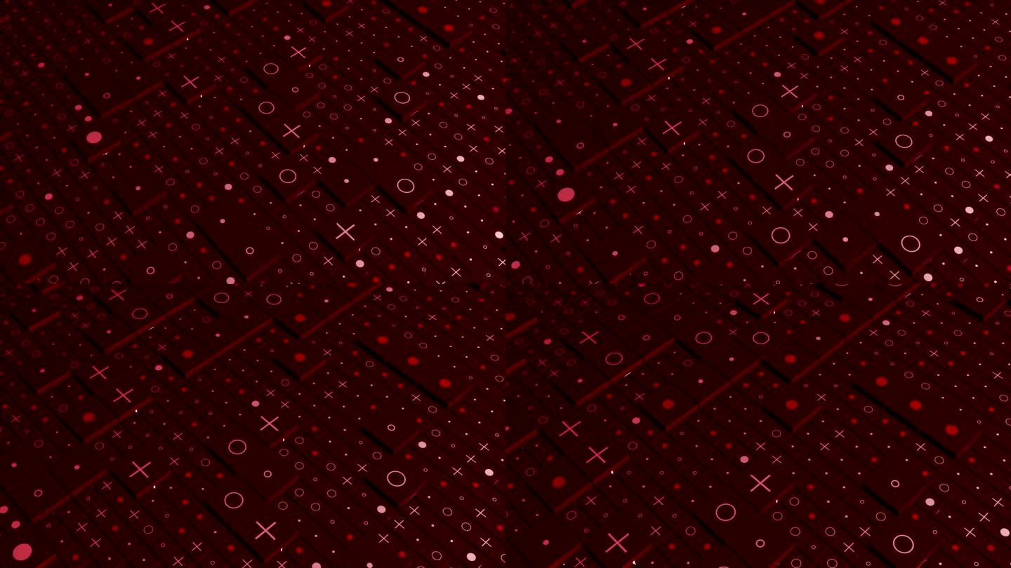 抽象立方红色背景与不同的三维形状。运动。几何抽象按钮与圆圈，加号和点