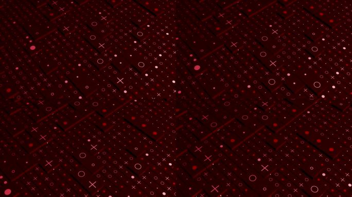 抽象立方红色背景与不同的三维形状。运动。几何抽象按钮与圆圈，加号和点