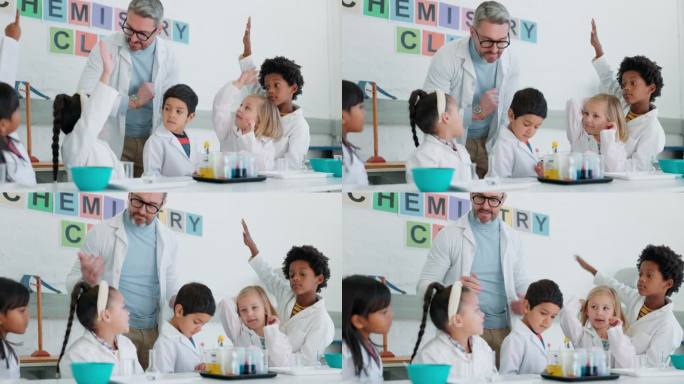 举手，科学老师和孩子一起做一个项目，测试或实验。问题，化学和孩子们在学校实验室里和一个男科学家一起学