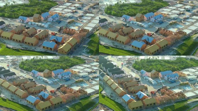 鸟瞰图未完工的经济适用房木制框架正在建设中。美国郊区住宅的发展。美国的房地产市场